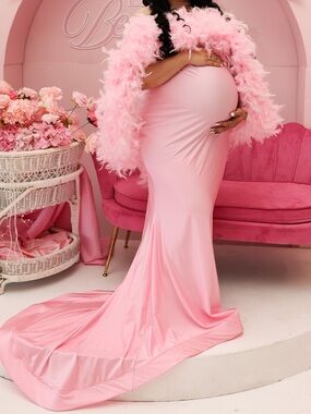 Elegant Pink Maternity 2pc Gown with Feather Trim